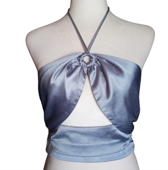 Princess Polly Ice Blue Satin Side Zip Halter Top Size 6 - Picture 2 of 7